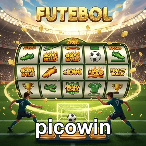 Jogo de slots de futebol no Picowin, com ícones de jogadores e bolas animados.